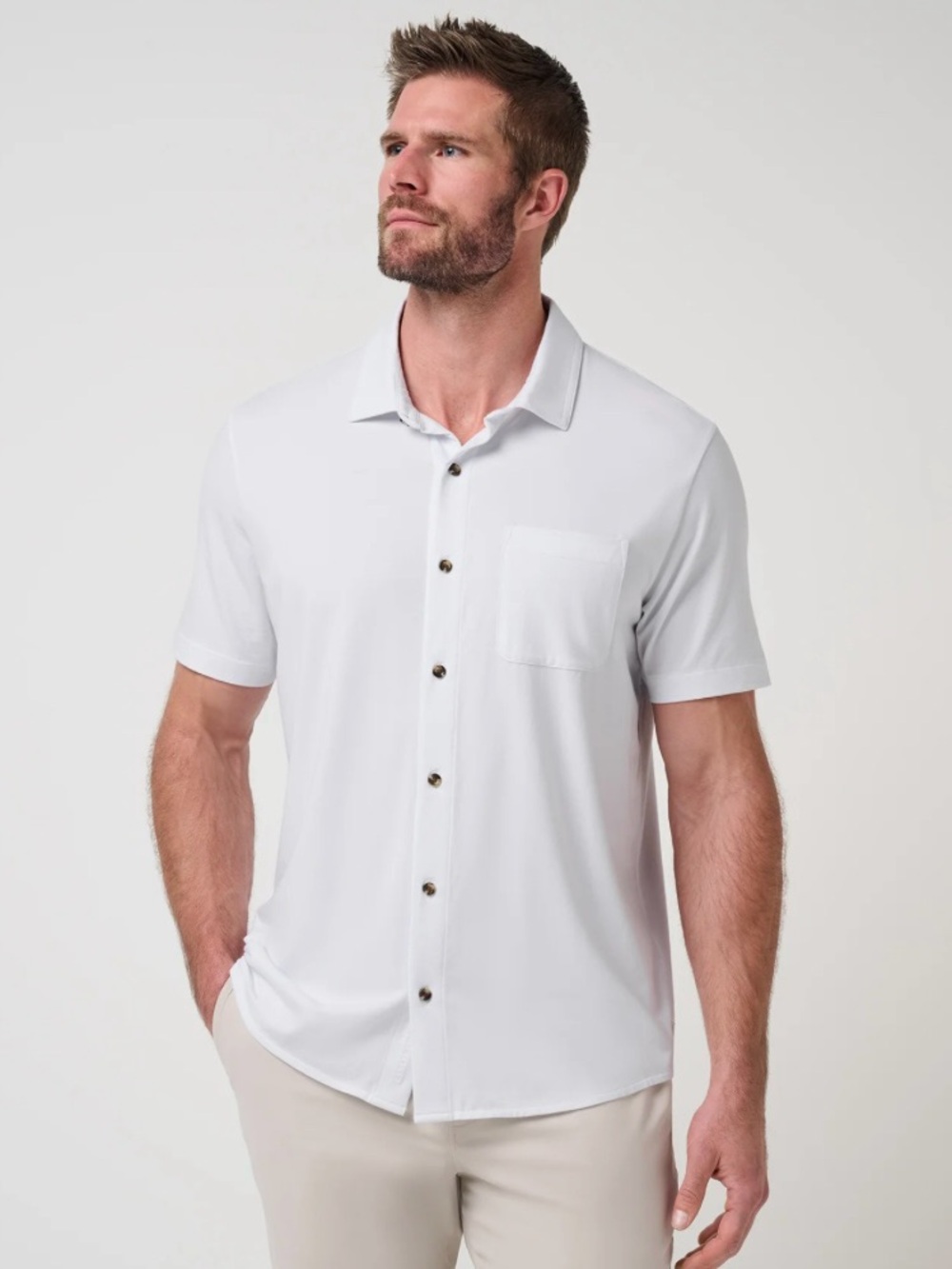 Travis Mathew White Short Sleeve Button-Up | “Back to Comfortknit Beach Club”